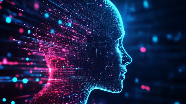 A futuristic digital illustration of a human head with vibrant pink and blue lights and particles emanating from it