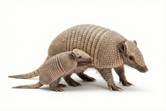 Nine-banded armadillo mother with baby isolated on white background