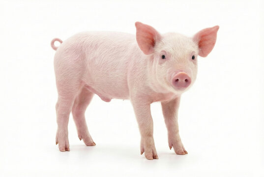 Cute young piglet standing on white background