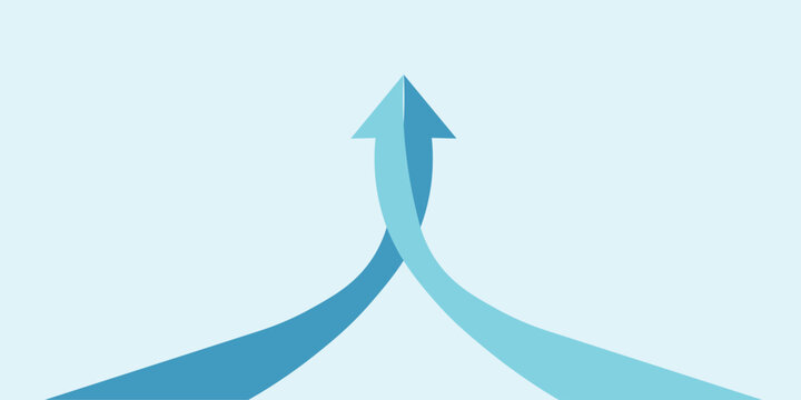two blue merging curved arrows joining into single upward arrow 3d illustration for business merger partnership teamwork unity or corporate growth brand identity isolated background.