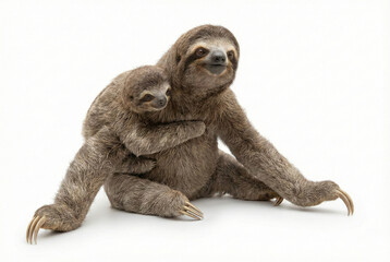 Fototapeta premium Three-toed sloth mother with baby isolated on white background