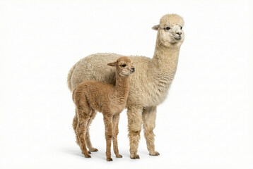Fototapeta premium Adult alpaca with cute baby cria on white background