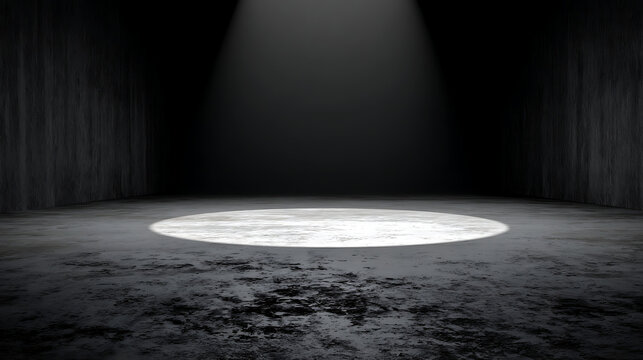 Dark Industrial Room with Spotlight on Concrete Floor