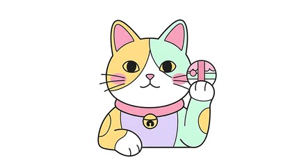 A cheerful calico cat holding a pink and white maneki-neko charm for good fortune