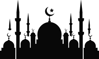 Islamic mosque silhouette with crescent moon and star above grand dome, Ramadan Kareem skyline flat vector illustration design