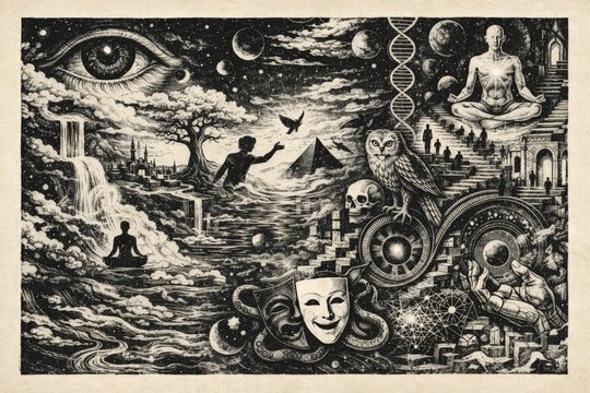 Surreal monochrome collage with eye, pyramid and meditation