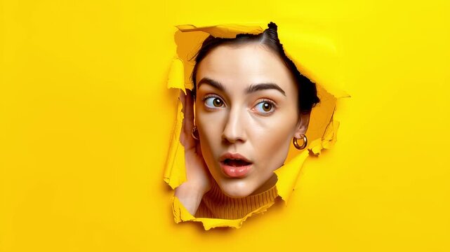 Surprised woman listening to gossip looking through torn yellow paper hole