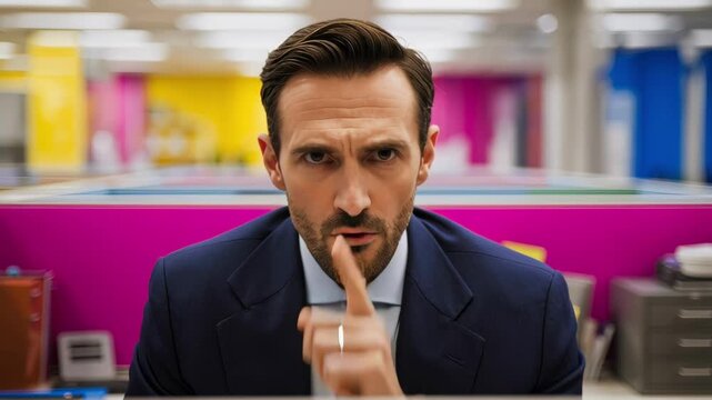 Serious businessman hiding behind office partition showing silence sign