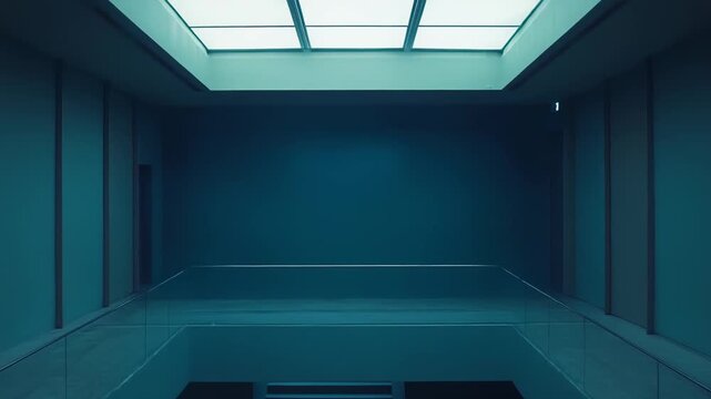 Modern architecture creating a futuristic and minimalist interior space with a balanced geometric design, featuring a central void and a long staircase under a skylight