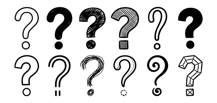 Hand drawn question mark icon set with outline, filled and sketch styles isolated on transparent background