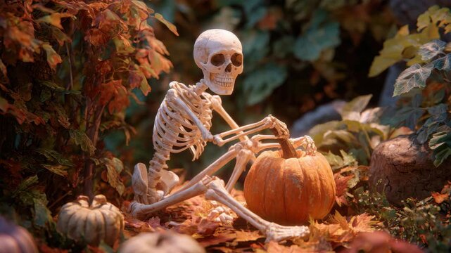 Halloween Skeleton Theme with Fall Leaves and Pumpkin