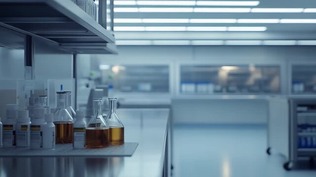 Scientific laboratory bottles and glassware filled with amber solution on a sterile bench, conveying pharmaceutical research, testing and development in a modern medical lab environment