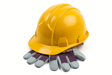 A vibrant yellow hard hat, essential personal protective equipment for construction and industrial safety, rests on durable work gloves.