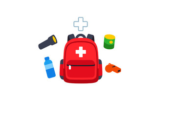 A red emergency backpack with a black cross is surrounded by survival essentials including a flashlight, water bottle, canned food, whistle, and a white cross icon on a black background.