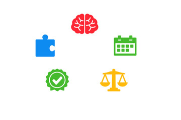 Fototapeta premium A collection of five colorful flat icons including a red brain, green calendar, yellow scales, green checkmark badge, and blue puzzle piece arranged in a circle on a black background.