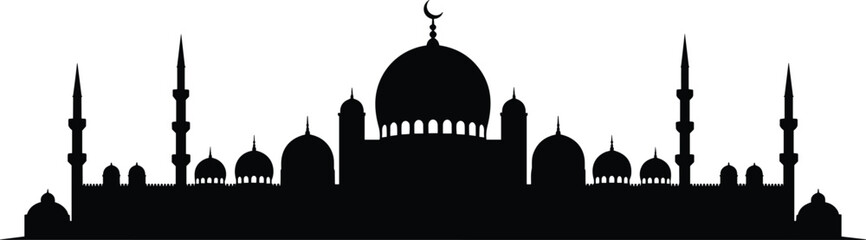 Islamic mosque skyline silhouette with crescent moon domes and minarets for Ramadan celebration background, flat vector illustration © Creative Soul