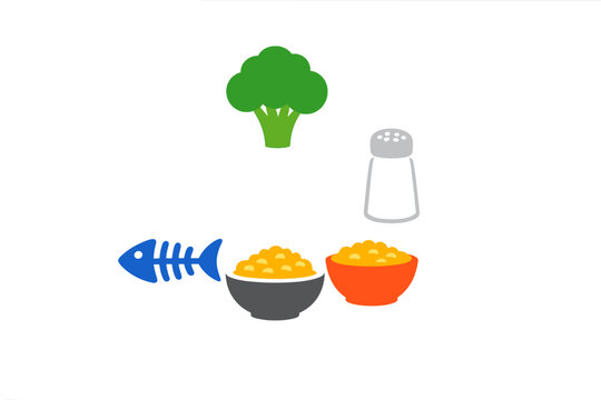 A collection of food-related icons including a green broccoli floret, a white salt shaker, a blue fish bone, and two bowls filled with yellow food on a solid black background.