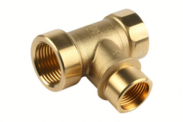 Shiny brass plumbing tee fitting featuring female threads for versatile fluid conveyance system connections.