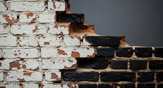 Weathered brick wall with peeling white paint and burnt bricks