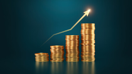 Growth money, financial business success concept. Profit graph finance investment earnings coins. 3d illustration