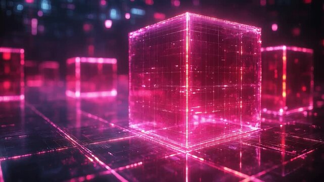 Digital Cubes of Innovation: Neon pink cubes, illuminated with intricate digital patterns, float against a dark, futuristic grid, hinting at the boundless potential of technology. 