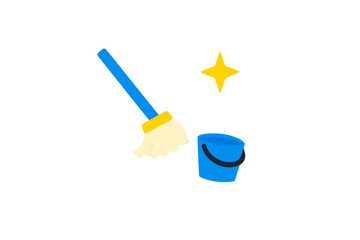 This minimalist illustration features a blue mop and a matching blue bucket alongside a bright yellow sparkle star, set against a plain black background for a clean look.