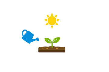 A simple illustration of a small green sprout growing from brown soil under a bright yellow sun, with a blue watering can positioned to the left on a black background.