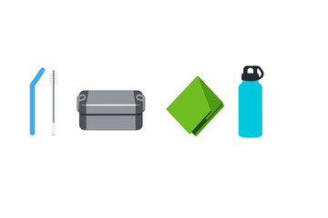 A flat vector illustration of eco-friendly reusable items including a blue straw, a cleaning brush, a grey lunch box, a green cloth napkin, and a blue water bottle on a black background.
