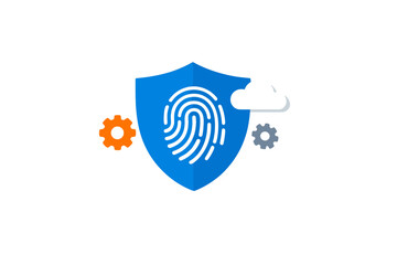 A flat vector illustration featuring a blue shield with a fingerprint icon, accompanied by an orange gear, a white cloud, and a grey gear on a black background, representing digital security.