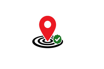 A red location pin icon sits atop a black curved line representing a path. A green badge with a white checkmark is positioned to the right, all set against a black background.