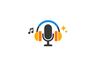 A stylized illustration of a dark grey microphone wearing blue and orange headphones. The graphic includes grey musical notes and yellow sparkles on a solid black background.