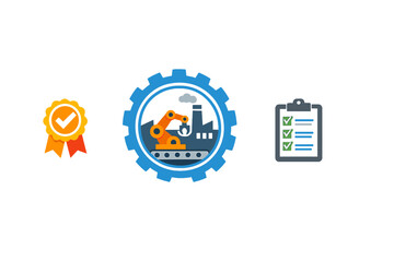 Fototapeta premium A set of three industrial icons featuring a quality seal with a checkmark, a factory scene inside a gear with a robotic arm, and a checklist on a clipboard.
