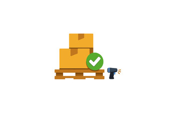 This flat vector illustration shows two cardboard boxes on a wooden pallet with a green checkmark and a barcode scanner, symbolizing efficient logistics and inventory verification.
