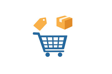 A blue shopping cart icon is positioned below an orange price tag and a cardboard box. This flat illustration represents e-commerce, retail, and online shopping concepts.