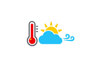 A collection of colorful weather icons featuring a red thermometer with a high reading, a yellow sun partially hidden by a blue cloud, and blue wind swirls on a black background.