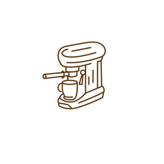 Coffee machine with cup in brown line style for cafe logo vector.
