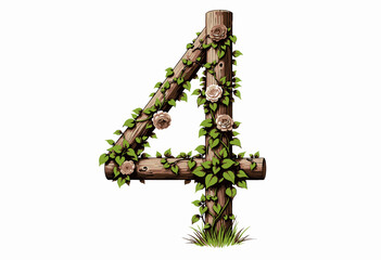 Obraz premium Wooden Number Four Sculpture Decorated with Lush Greenery and Colorful Blossoming Roses on a Clean White Background