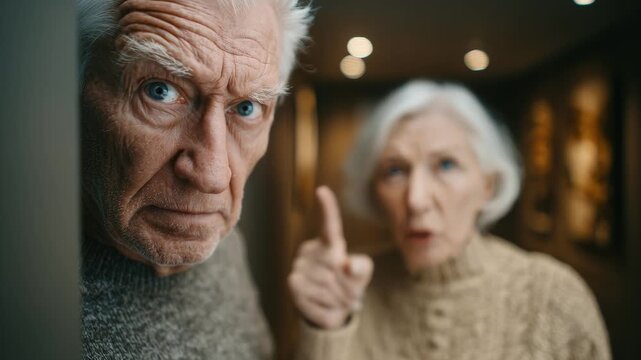 Suspicious senior couple peeking. Grumpy old man looks directly into camera, while his wife points a finger. Secretive, funny, guarded observation. Family relationships, older generation.