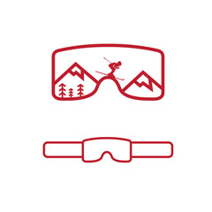 Goggle with skier and mountain silhouette for winter sport logo vector