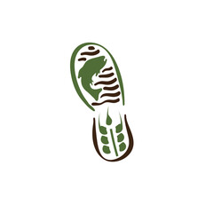 Footprint sole with fish and water wave pattern for fishing logo vector
