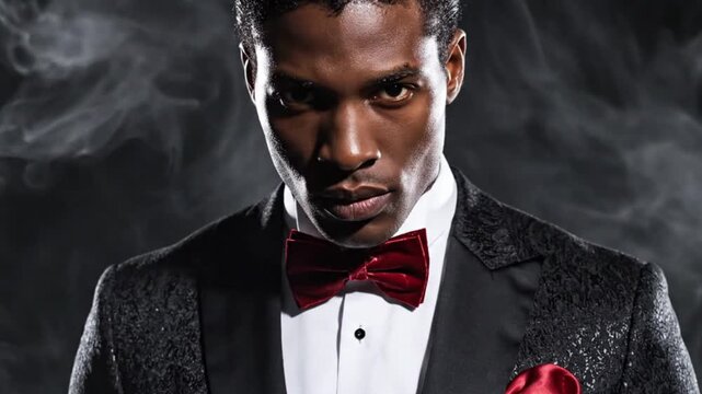 A confident, well-dressed man of African descent gazes intensely directly at the viewer, exuding an aura of power and sophistication. He is impeccably dressed in a dark, patterned formal jacket, a cri