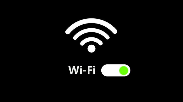 White Wi- Fi symbol and toggle switch indicating Wi- Fi is on a black background with the text Wi- Fi in white Keywords: wifi symbol, wifi on, toggle switch, white, black background, internet