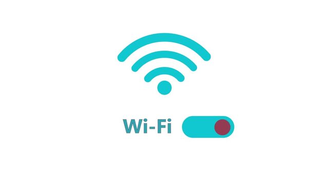 A bright cyan Wi- Fi symbol with a dark red indicator on a toggle switch, positioned above the text Wi- Fi in cyan on a clean white background. Keywords: wifi symbol, wireless internet, network