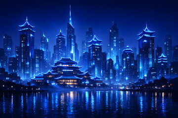 Obraz premium Blue neon pagodas and skyscrapers along a city river