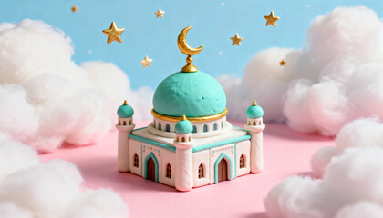 Happy eid mubarak 3d clay mosque miniature with mint dome © MahiCG