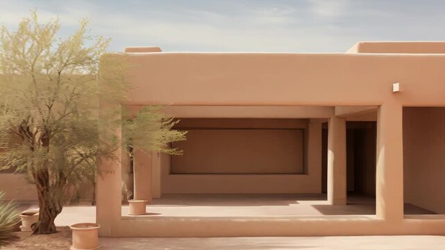 Southwest style building featuring a minimalist adobe courtyard architecture with drought tolerant plants under an open sky, creating a serene and timeless desert landscape