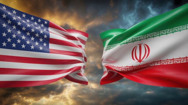 The flags of the United States and Iran appear to clash dramatically against a stormy, ominous sky.