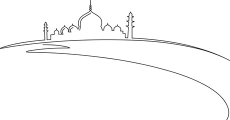Minimalist mosque skyline line art with crescent dome and minarets on abstract landscape background, flat vector illustration © Creative Soul