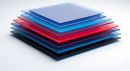Stack of translucent, colored squares, layered, arranged, casting soft shadows, on white backdrop