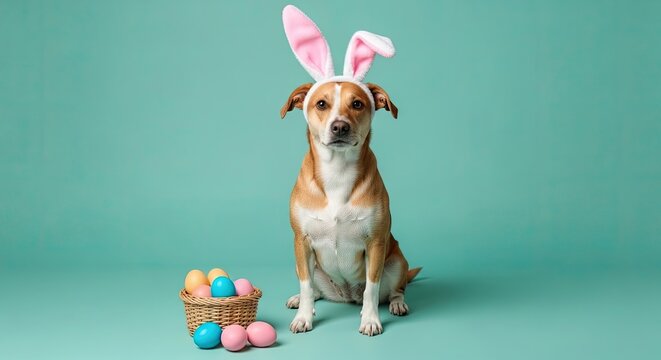 Easter sunday celebration with adorable dog wearing bunny ears and easter eggs